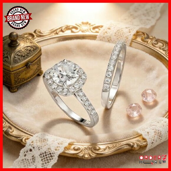 Platinum Plated Silver Moissanite Bridal Set Ring Size 8.5 - Picture 6 of 8